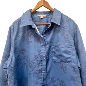 Woman Within‎ Blue Floral Button Up Shirt 22/24 Lightweight Long Sleeve Top